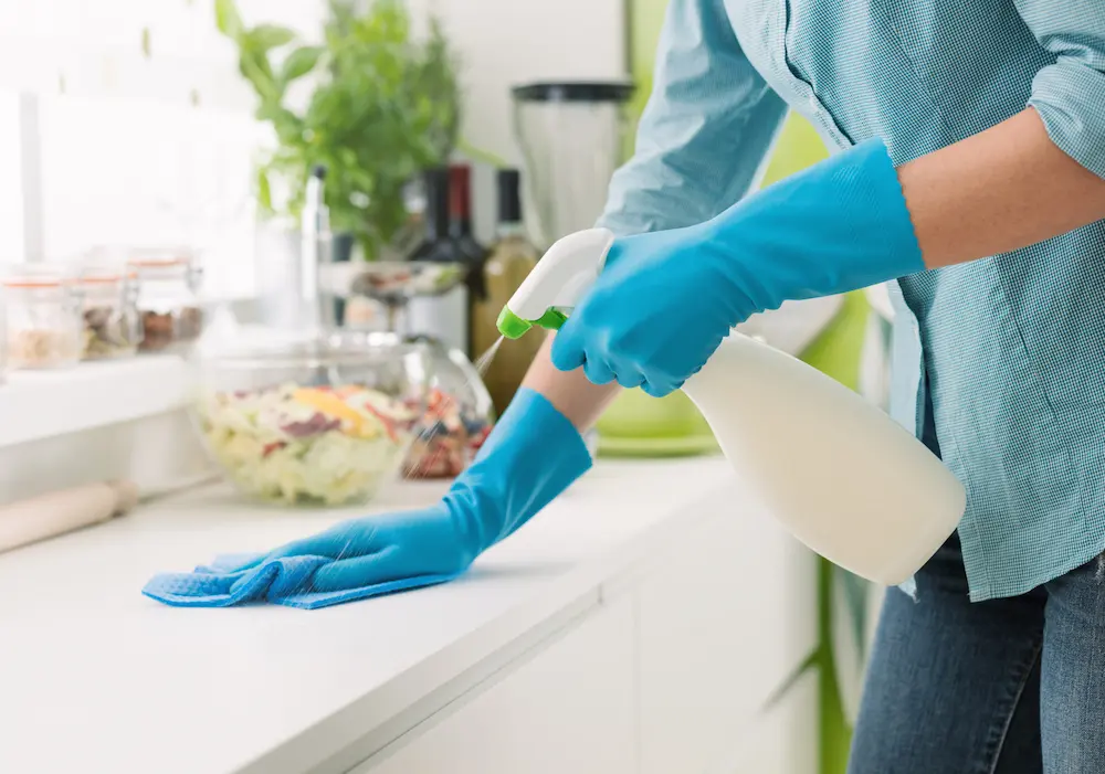 A woman wearing blue gloves is cleaning a countertop with a blue cloth and spray bottle. There is a jar of food in the background. This image showcases the importance of proper cleaning and sanitation to prevent pest infestations.