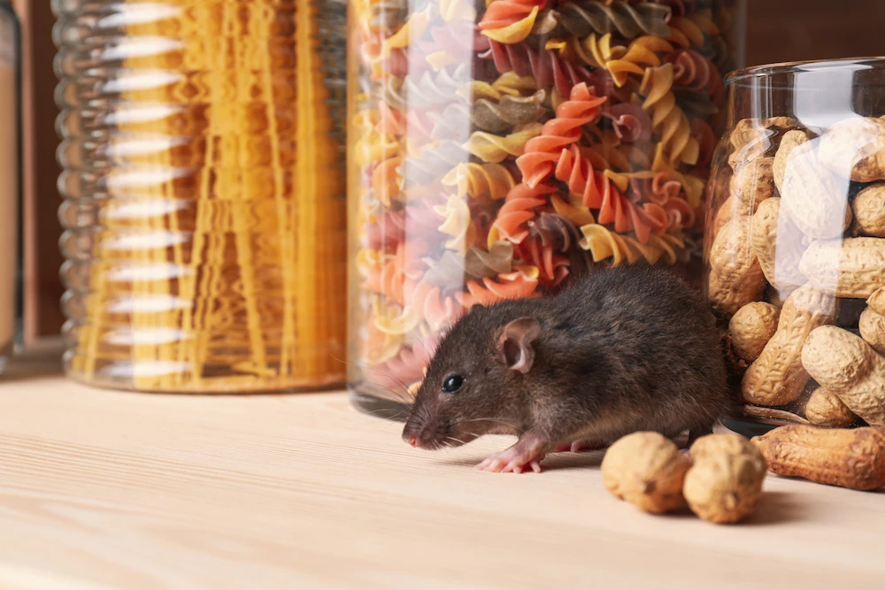 rat near glass containers of dry pasta and nuts