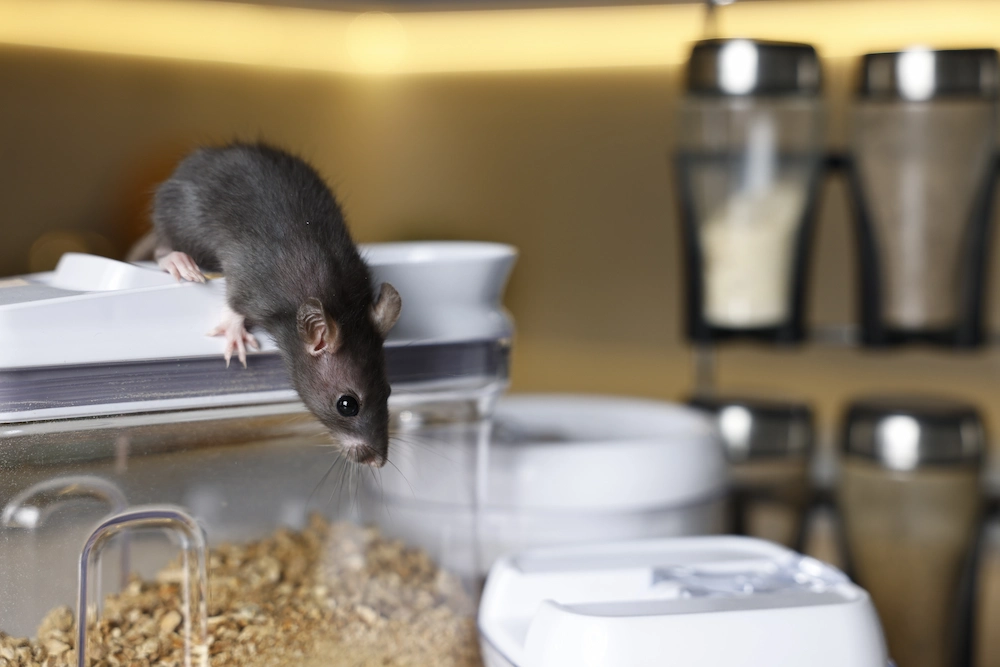 rat on airtight containers of food in a kitchen
