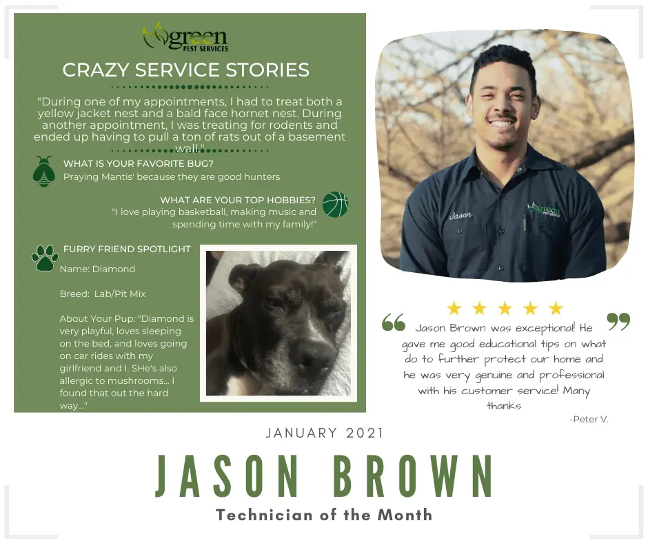 Jason Brown Technician of the Month January 2021 Green Pest Services employee spotlight with testimonial