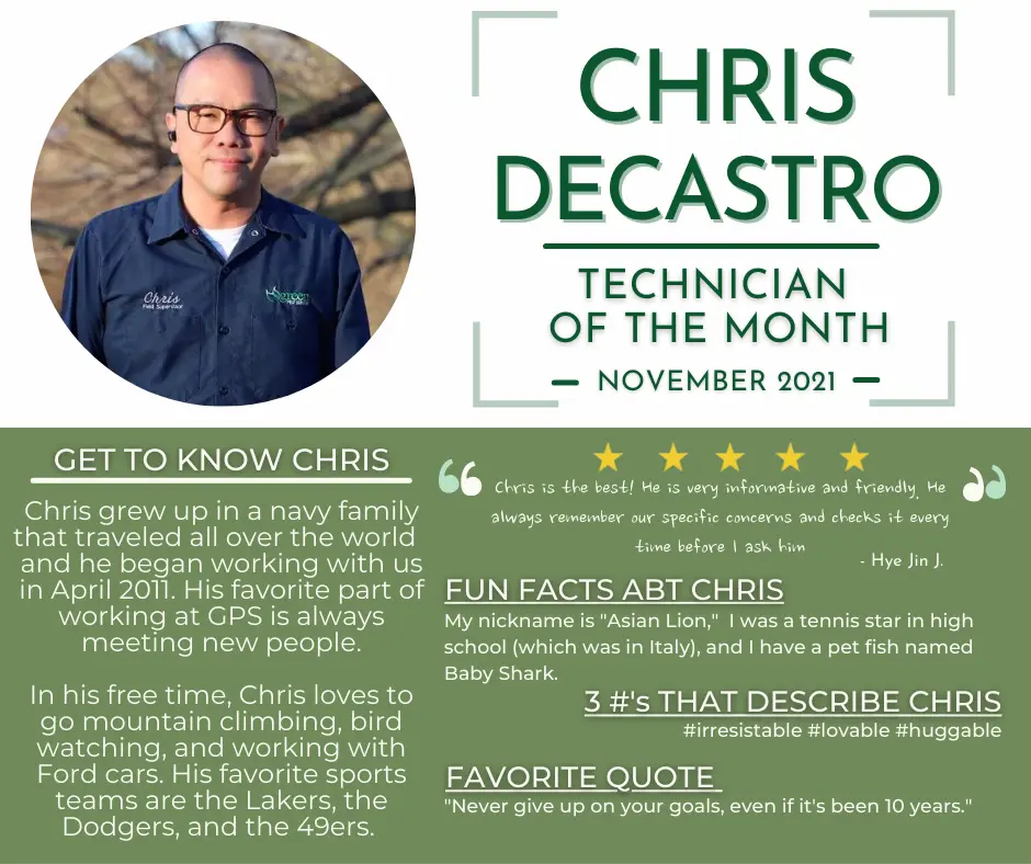 Technician of the Month award featuring Chris Decastro with profile and achievements