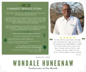 Technician of the Month feature for Wondale Hunegnaw with service story and testimonial