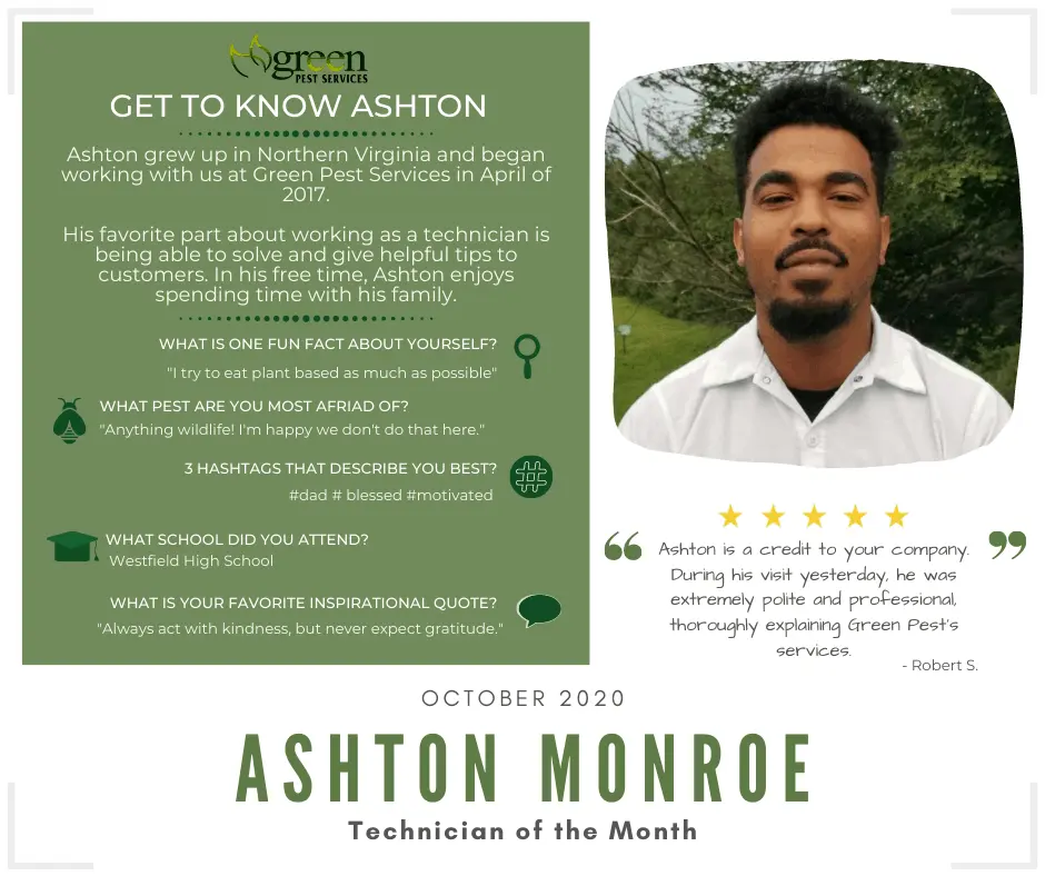 Ashton Monroe Technician of the Month October 2020 Green Pest Services employee spotlight with customer testimonial