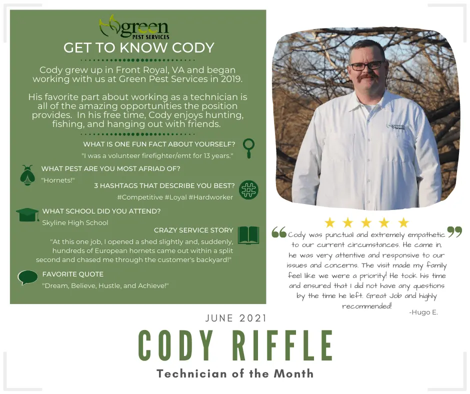 Cody Riffle Technician of the Month June 2021 Green Pest Services employee spotlight with customer testimonial