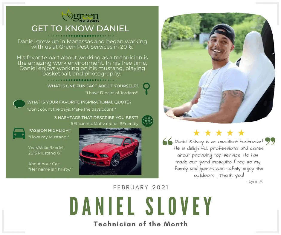 Daniel Slovey Technician of the Month February 2021 Green Pest Services employee spotlight with customer testimonial