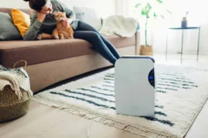 Dehumidifier in living room improving indoor air quality with woman and cat relaxing in background