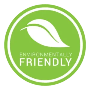 Environmentally friendly badge with green circular design and leaf icon