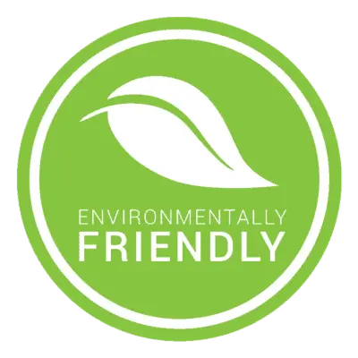 Environmentally friendly badge with green circular design and leaf icon