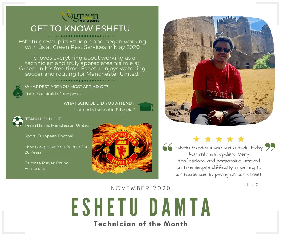 Eshetu Damta Technician of the Month November 2020 Green Pest Services employee spotlight with testimonial