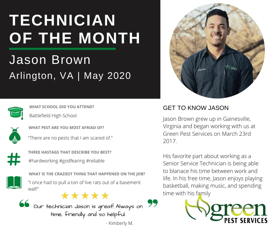 Jason Brown Technician of the Month May 2020 Green Pest Services profile with bio and customer testimonial