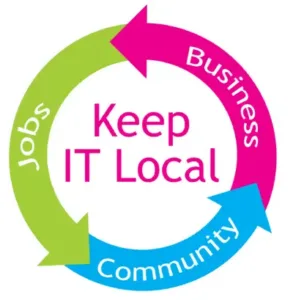 Keep It Local graphic with circular arrows representing jobs, business, and community connection