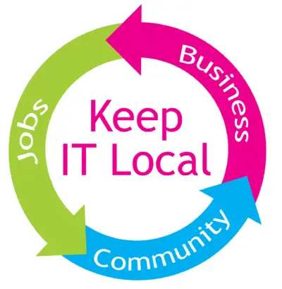 Keep It Local graphic with circular arrows representing jobs, business, and community connection