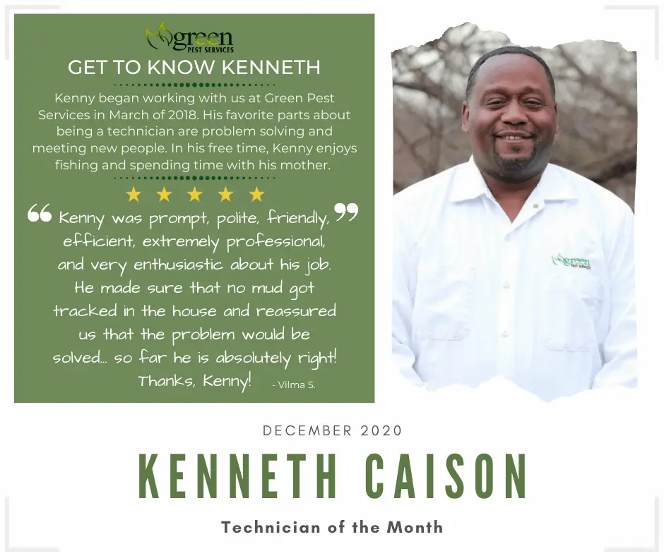 Kenneth Caison Technician of the Month December 2020 Green Pest Services employee spotlight with customer review
