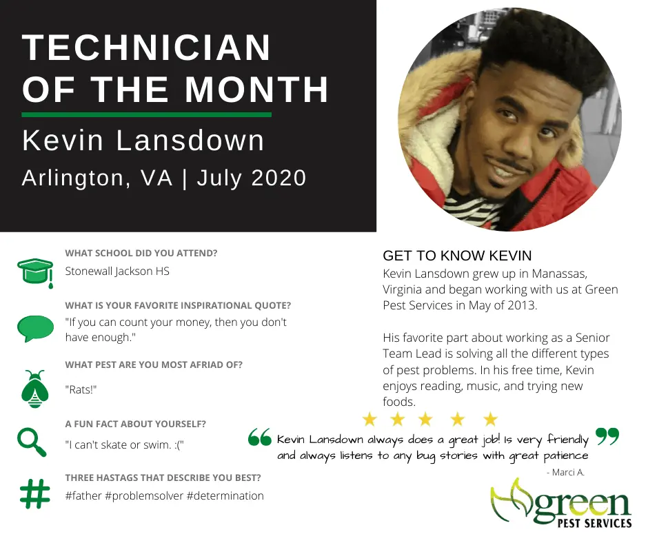 Kevin Lansdown Technician of the Month July 2020 Green Pest Services profile with bio and customer testimonial