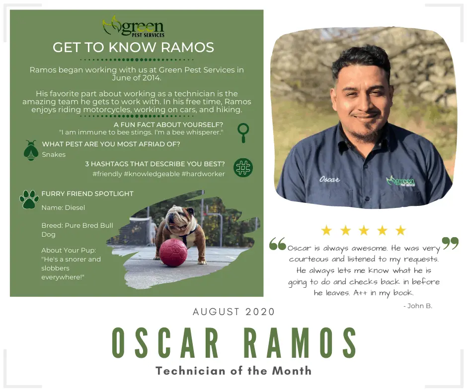 Oscar Ramos Technician of the Month August 2020 Green Pest Services employee spotlight with customer testimonial