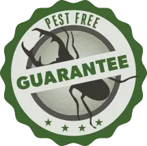 Pest Free Guarantee badge with insect silhouette and green seal design