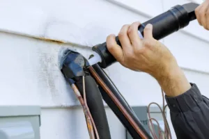 technician sealing exterior wall entry point with caulking to prevent pests entering home