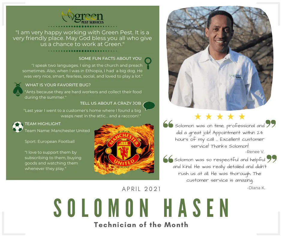 Solomon Hasen Technician of the Month April 2021 Green Pest Services employee spotlight with customer testimonials