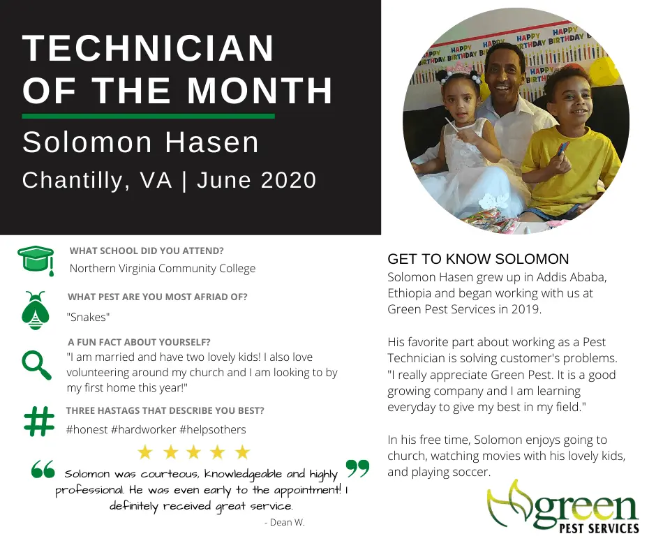 Solomon Hasen Technician of the Month June 2020 Green Pest Services profile with bio and customer testimonial