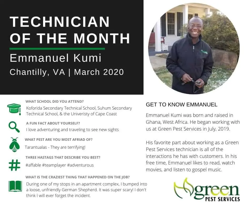 Technician of the Month feature for Emmanuel Kumi from Chantilly VA with profile photo and background information about his work and experience