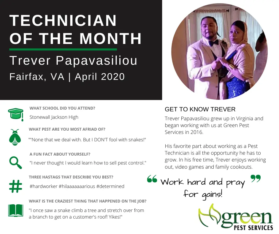 Trevor Papavasiliou Technician of the Month April 2020 Green Pest Services profile with bio and quote