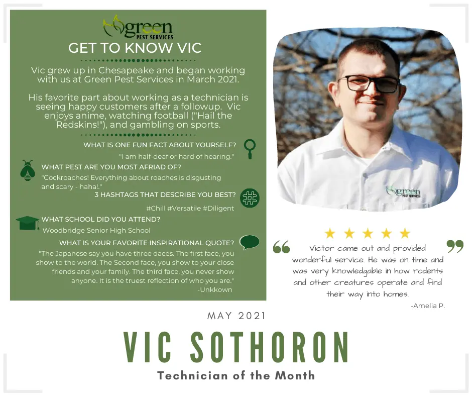Vic Sothoron Technician of the Month May 2021 Green Pest Services employee spotlight with customer testimonial