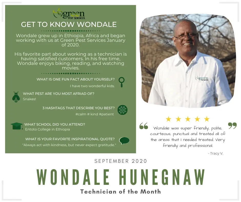 Wondale Hunegnaw Technician of the Month September 2020 Green Pest Services employee spotlight with customer review